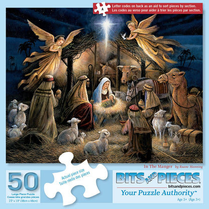Bits and Pieces - in The Manger Jigsaw Puzzle for Adults - Nativity Scene Christmas Puzzle by Artist Ruane Manning - Religious Puzzle with Mary