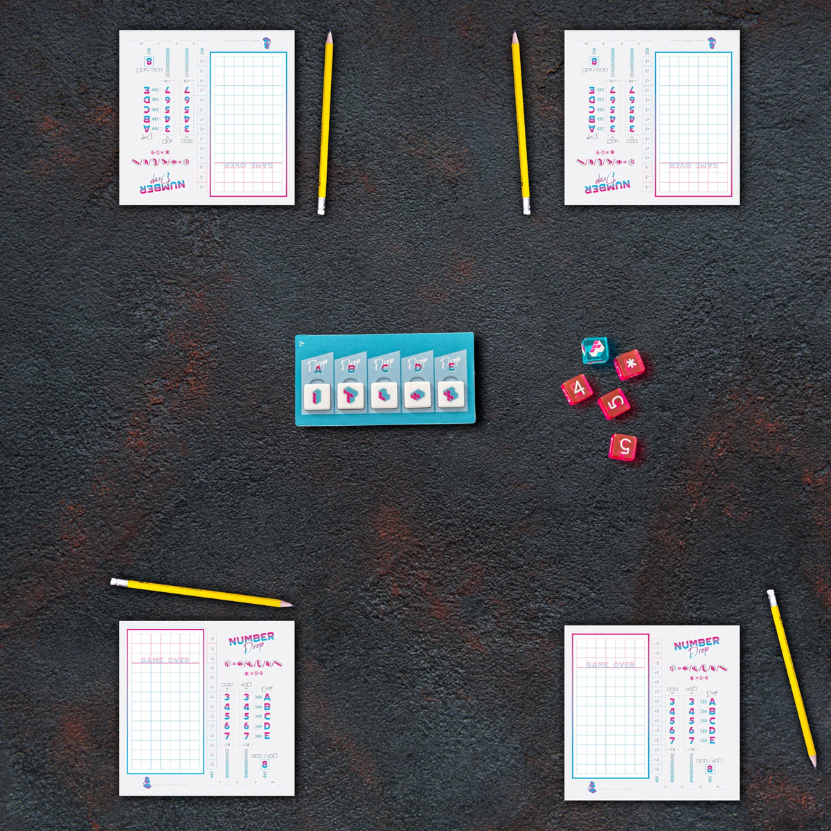 Number Drop, Roll & Write Polyomino Dice Game, Retro 80s Video Game Theme