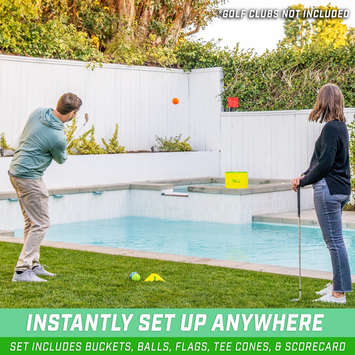 GoSports Yard Links Backyard Golf Game - Outdoor Chipping Style Game Set with 3 Buckets, 3 Flags, 3 Tee Markers, 4 Golf Balls, Scorecard and Carry