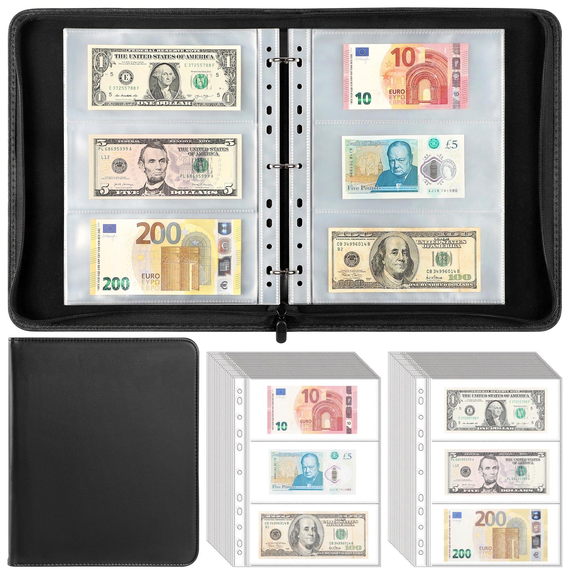 Uncle Paul Money Book - Leather Zipper Binder with Currency Pages Set Binders with 40 Sheets-240 Pockets Double-Sided Inserts Collecting Sleeves for