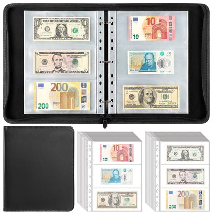 Uncle Paul Money Book - Leather Zipper Binder with Currency Pages Set Binders with 40 Sheets-240 Pockets Double-Sided Inserts Collecting Sleeves for