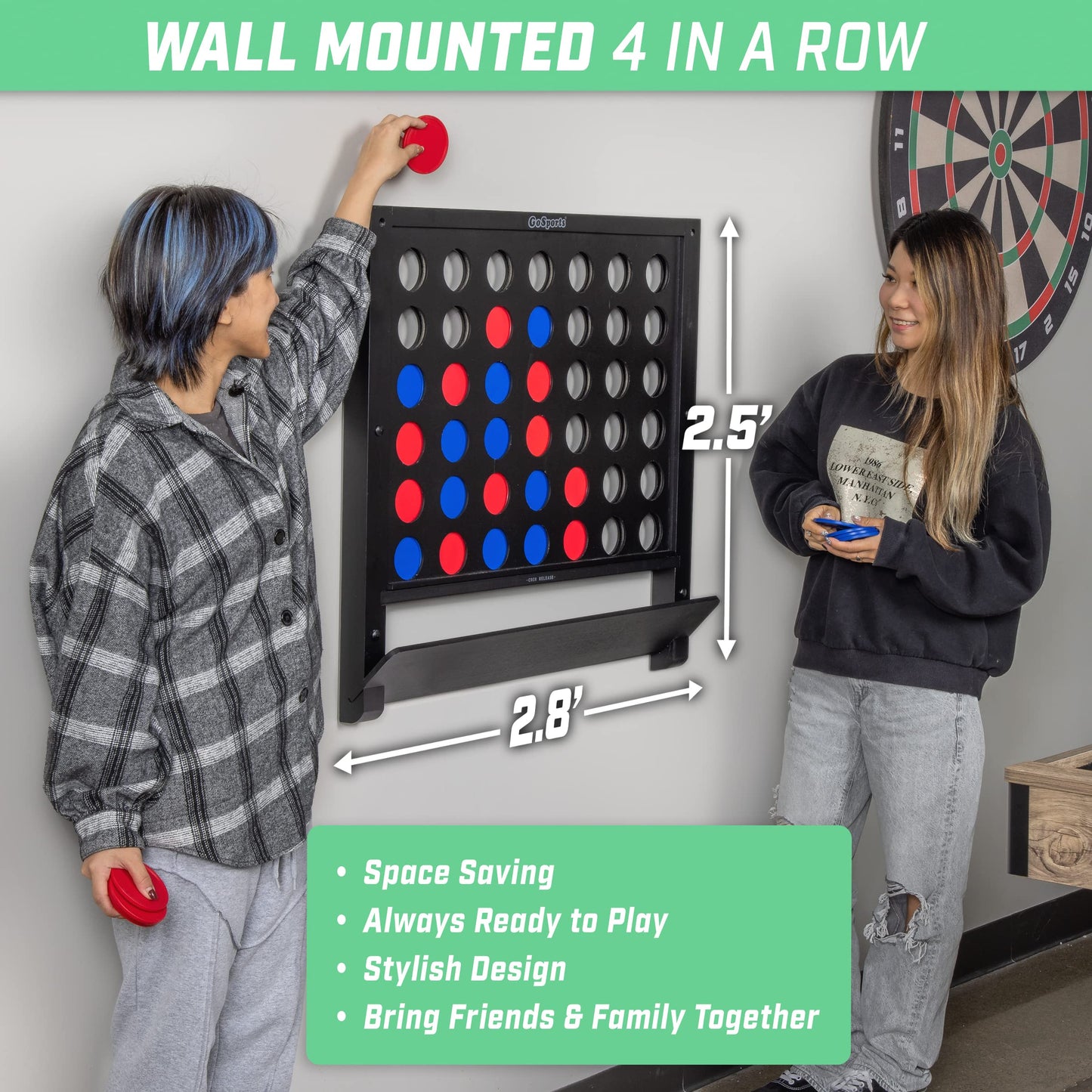 GoSports Wall Mounted Giant 4 in a Row - Jumbo Four in a Row with Coins - Black