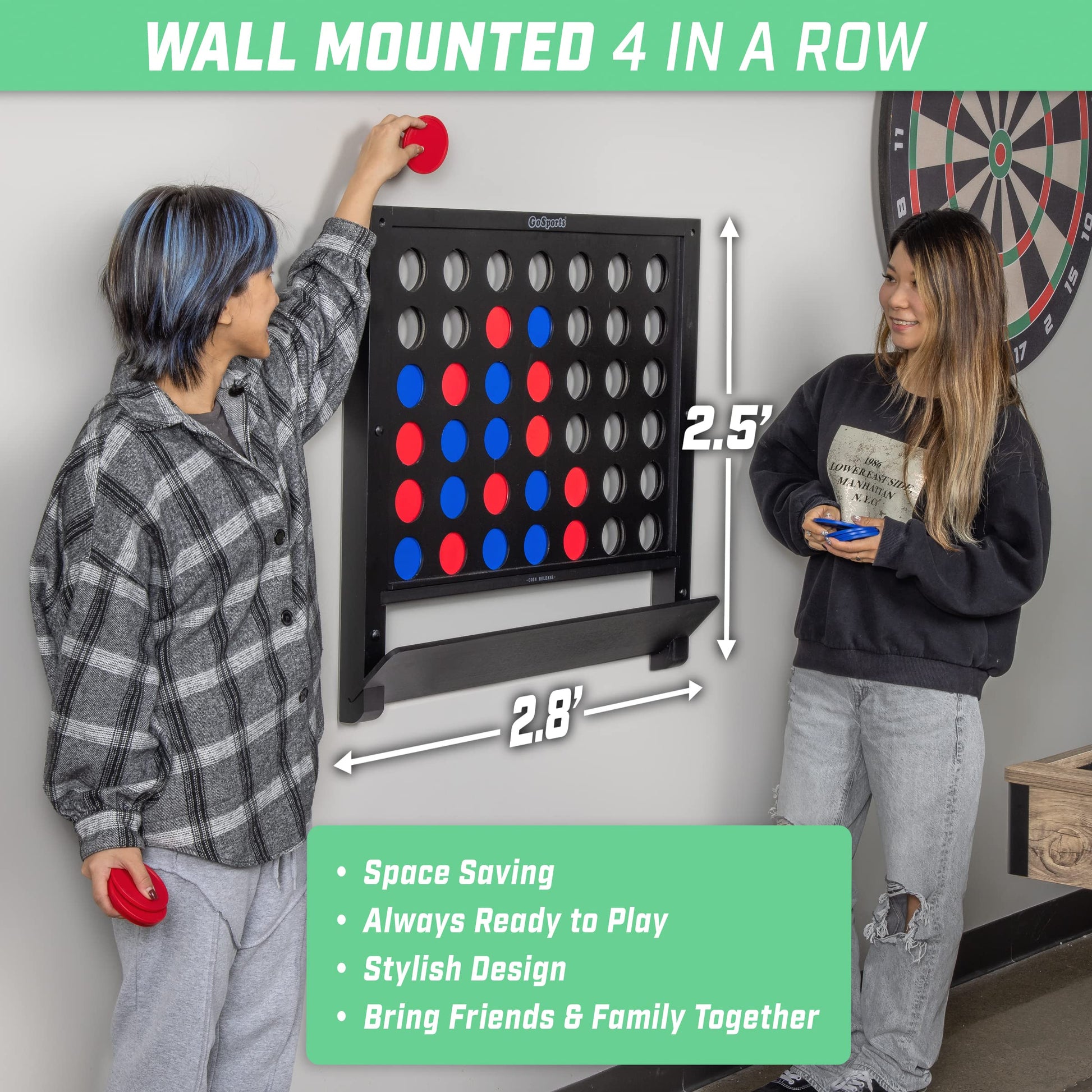 GoSports Wall Mounted Giant 4 in a Row - Jumbo Four in a Row with Coins - Black