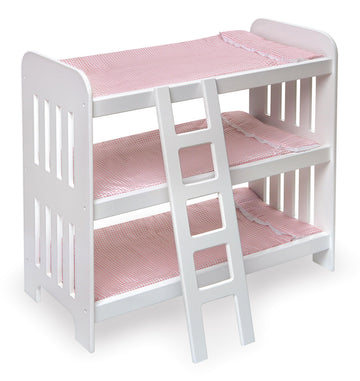 Badger Basket Triple Doll Bunk Bed with Ladder and Bedding for 20-Inch Dolls - Pink Gingham Design with Personalization Kit