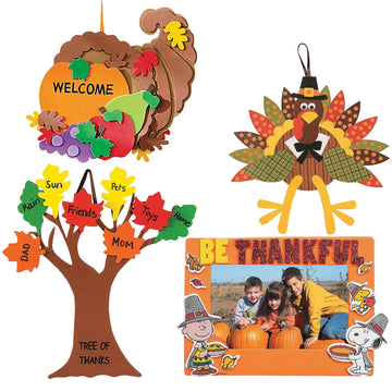 Thanksgiving & Autumn Themed Craft Kits | Peanuts Thanksgiving Picture Frame Magnet Craft Kit, Turkey Making Kit, Foam Cornucopia Door Sign Craft Kit
