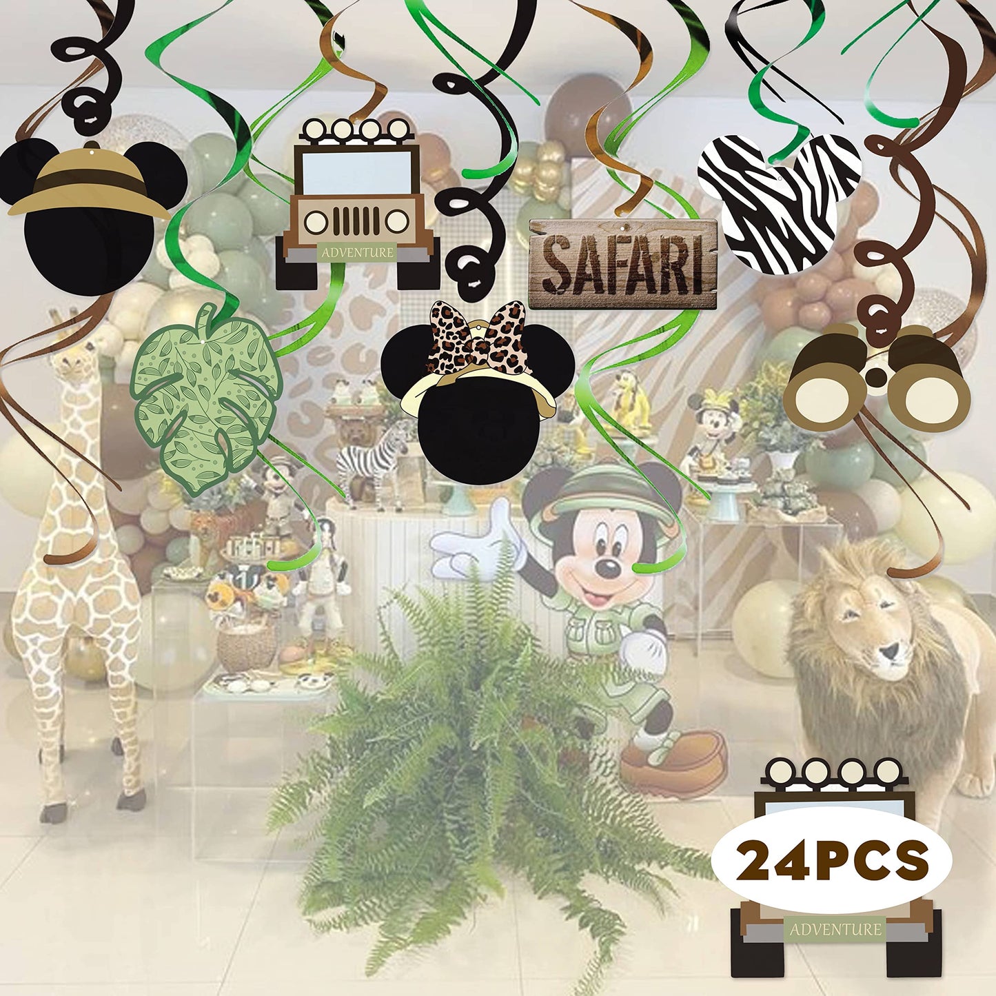 Mouse Safari Happy Birthday Decorations Hanging Swirls, Let's Go Wild Jungle Safari Wild One Birthday Party Supplies (24 CT)