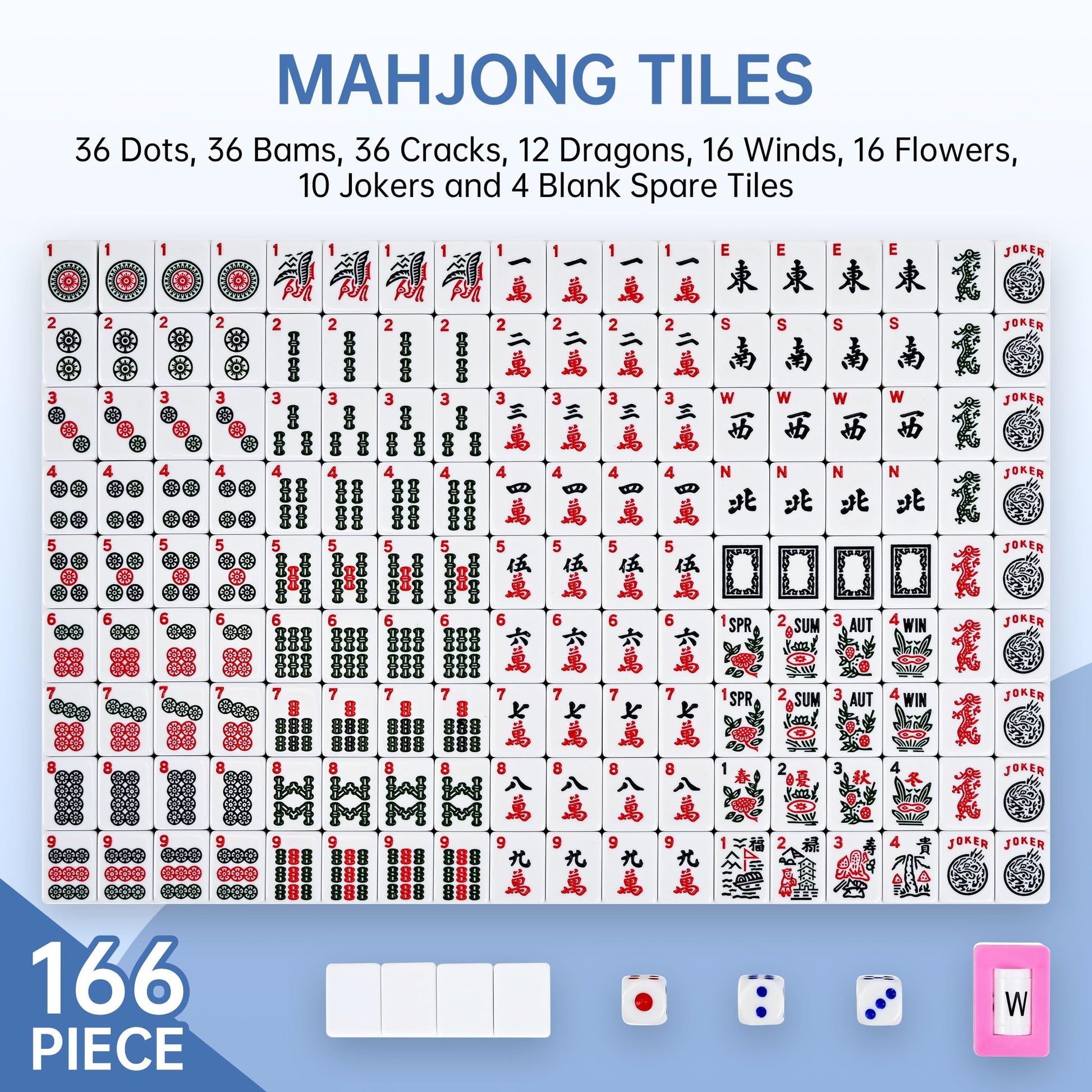 Faaexu American Mahjong Tile Set Include 166 Tiles 4 All-in-One Mahjong Racks/Pushers with Blue Carrying Bag Complete Mahjong Game Set