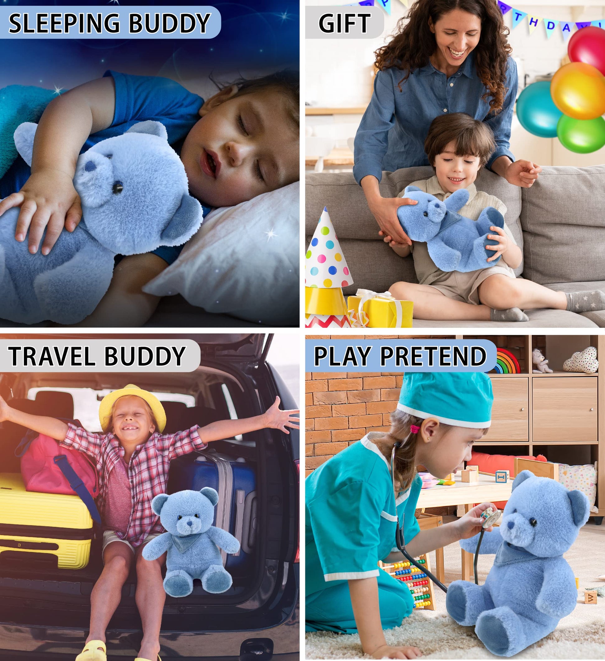 DolliBu Plush Bear Stuffed Animal - Soft Huggable Baby Blue Bear, Adorable Playtime Plush Toy, Cute Wildlife Cuddle Gifts for Kids and Adults - 8