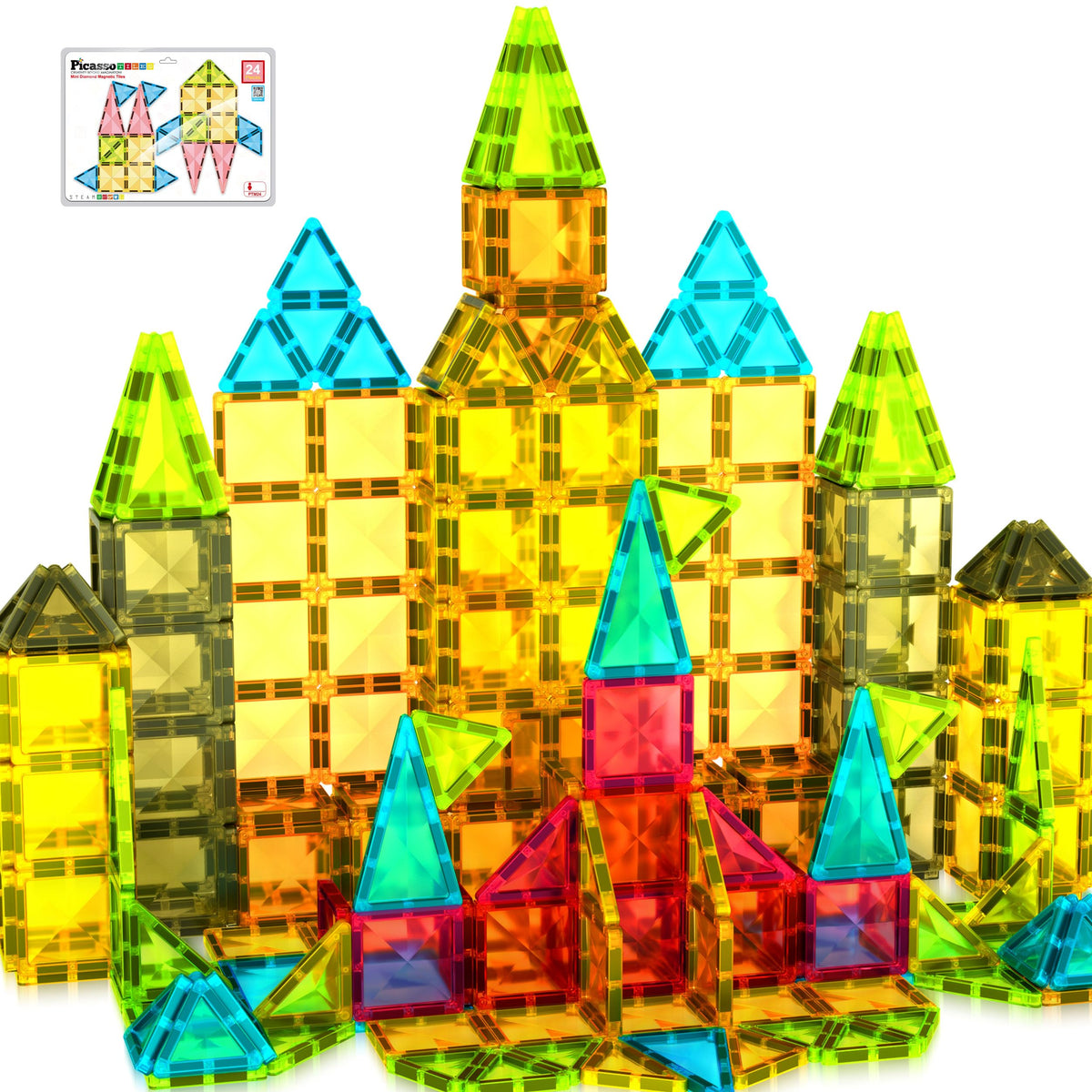 PicassoTiles Magnetic Tile 24pc Mini Diamond Magnetic Building Blocks Set Travel Size STEM Educational Construction Toy Portable Hands On Learning