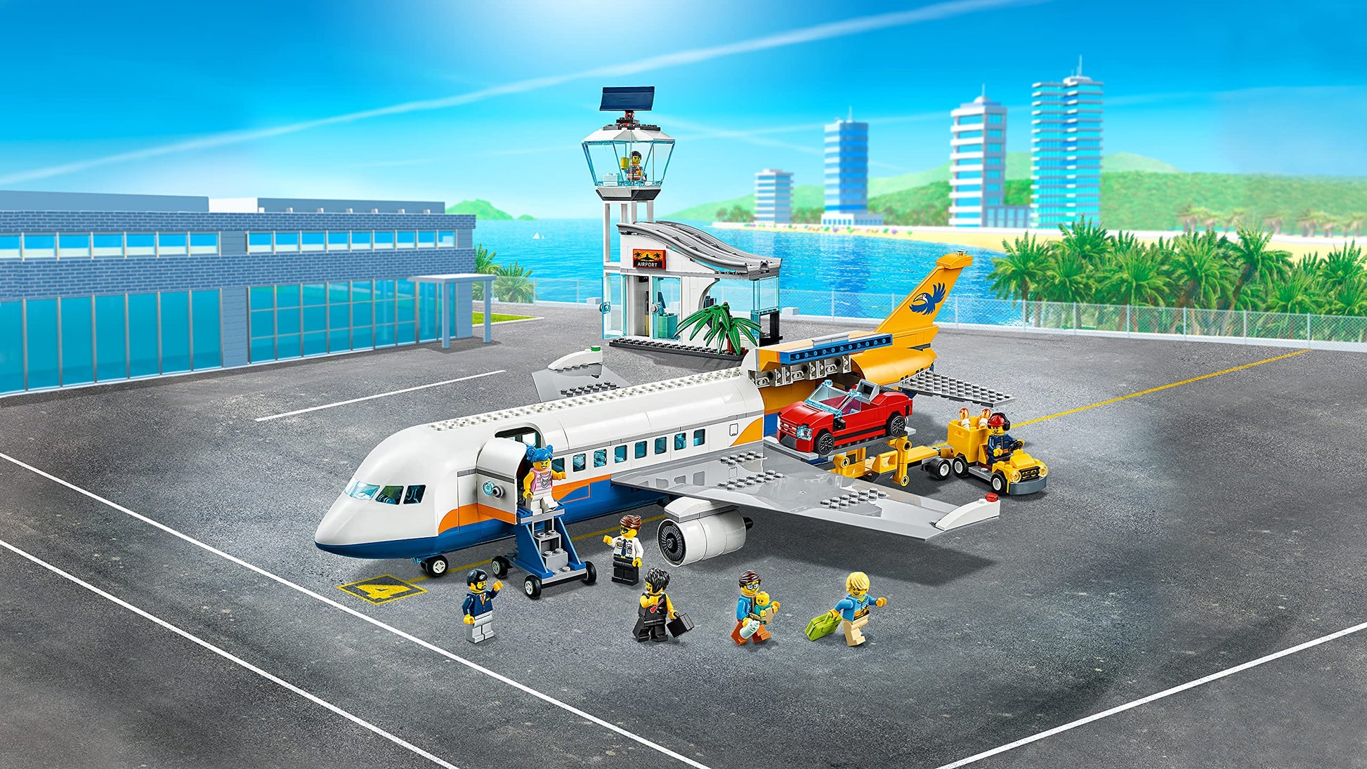 LEGO City Passenger Airplane 60262, with Radar Tower, Airport Truck with a Car Elevator, Red Convertible, 4 Passenger and 4 Airport Staff Minifigures,