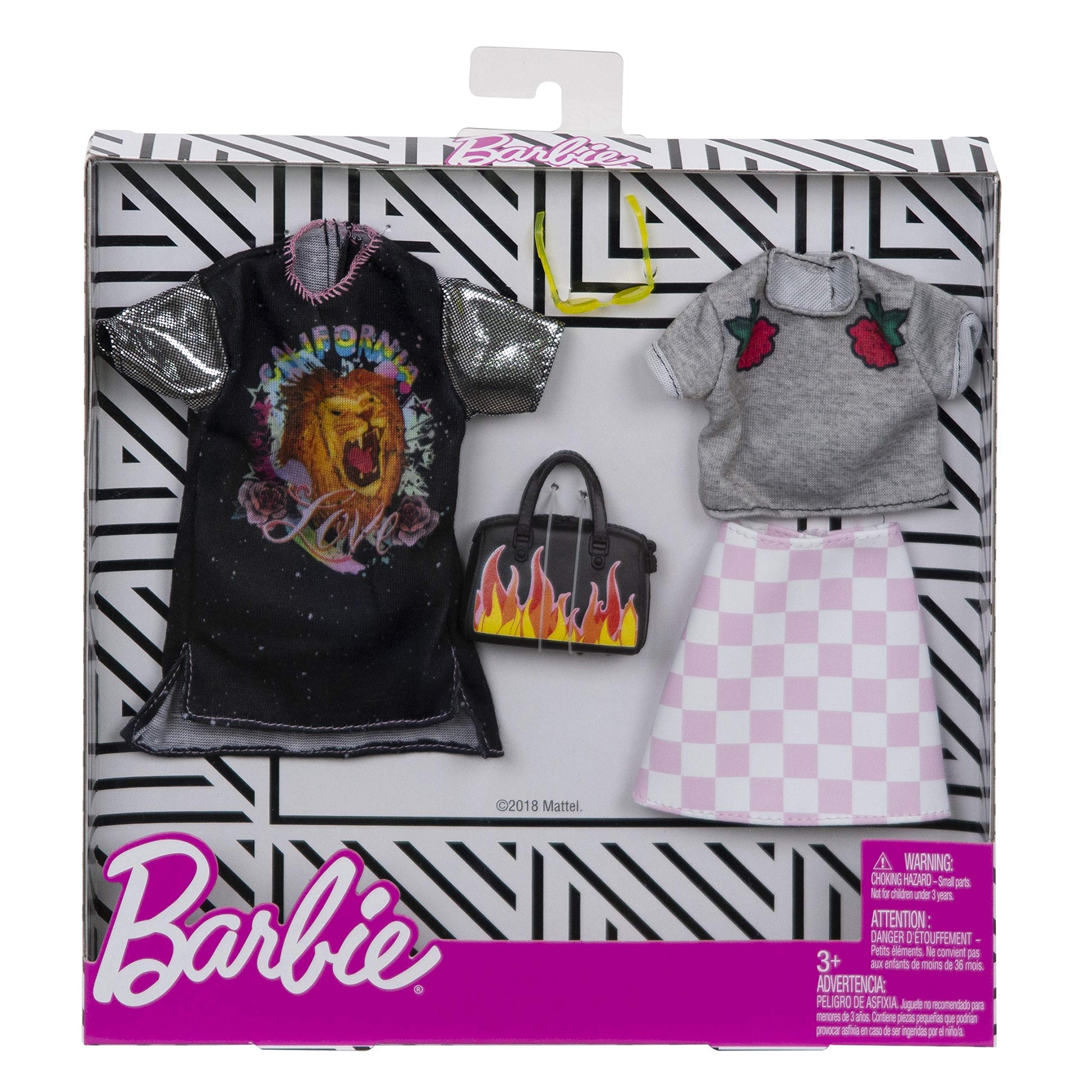 Barbie Clothes - 2 Outfits Doll Include a T-Shirt Dress with Retro Rock Graphic and Flame-Decorated Purse, Gift for 3 to 8 Year Olds