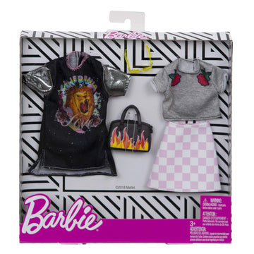Barbie Clothes - 2 Outfits Doll Include a T-Shirt Dress with Retro Rock Graphic and Flame-Decorated Purse, Gift for 3 to 8 Year Olds