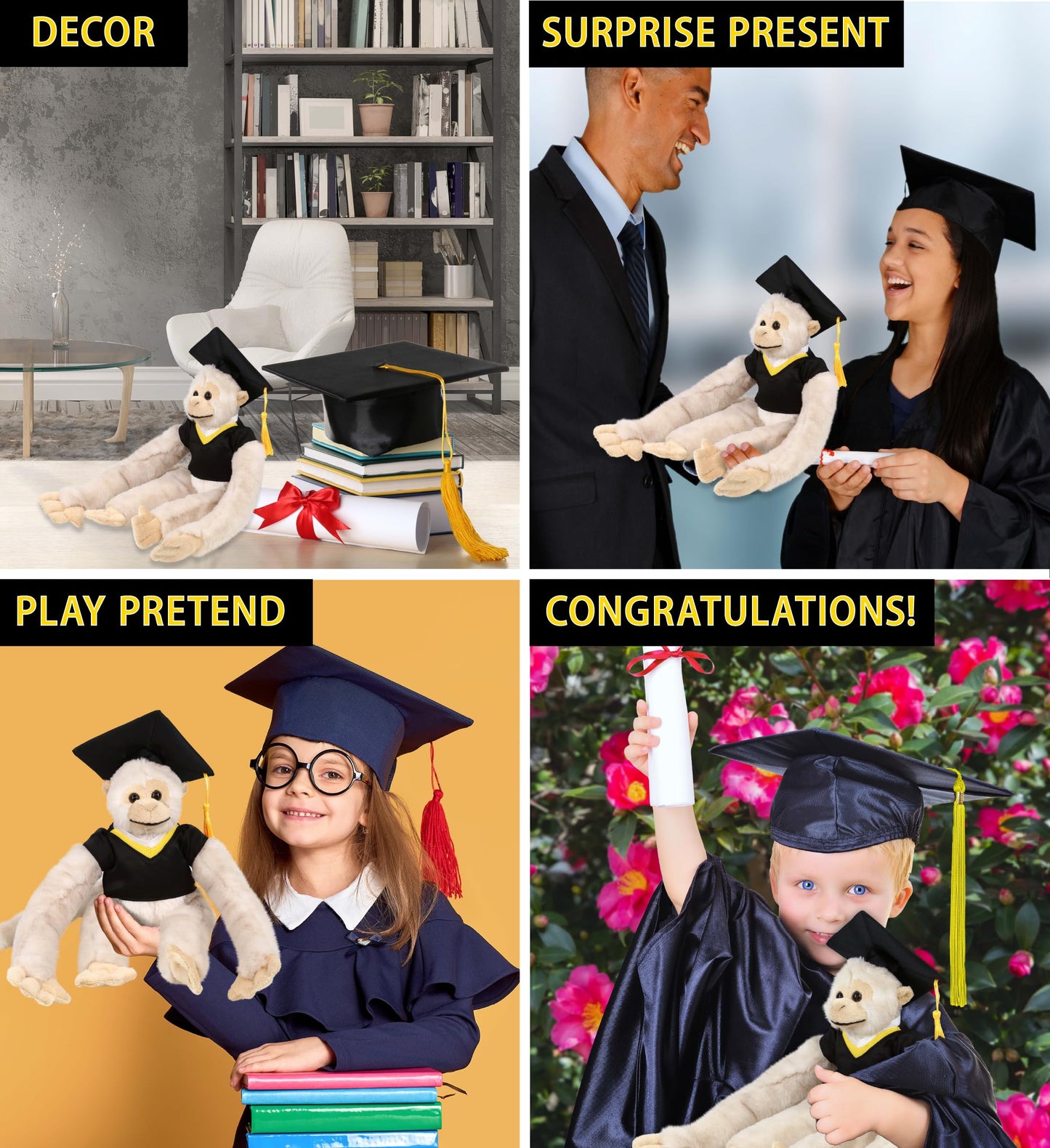 DolliBu Long Arm Hanging White Squirrel Monkey Graduation Plush Toy - Soft Graduation Stuffed Animal Dress Up Gown and Cap with Tassel - Gift