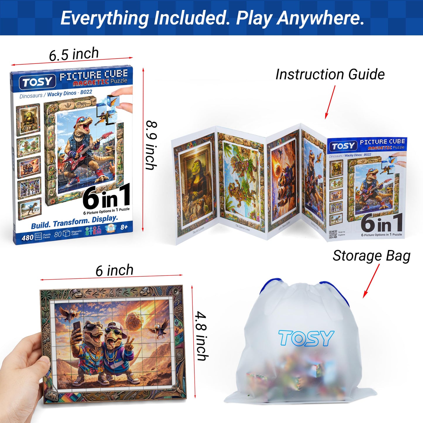 TOSY Picture Cube Wacky Dinos: 6-in-1 Magnetic Picture Puzzle, 80 Blocks,480 Puzzle Faces, 0.6in, B022, Seamless UV Art, Display-Ready Frame