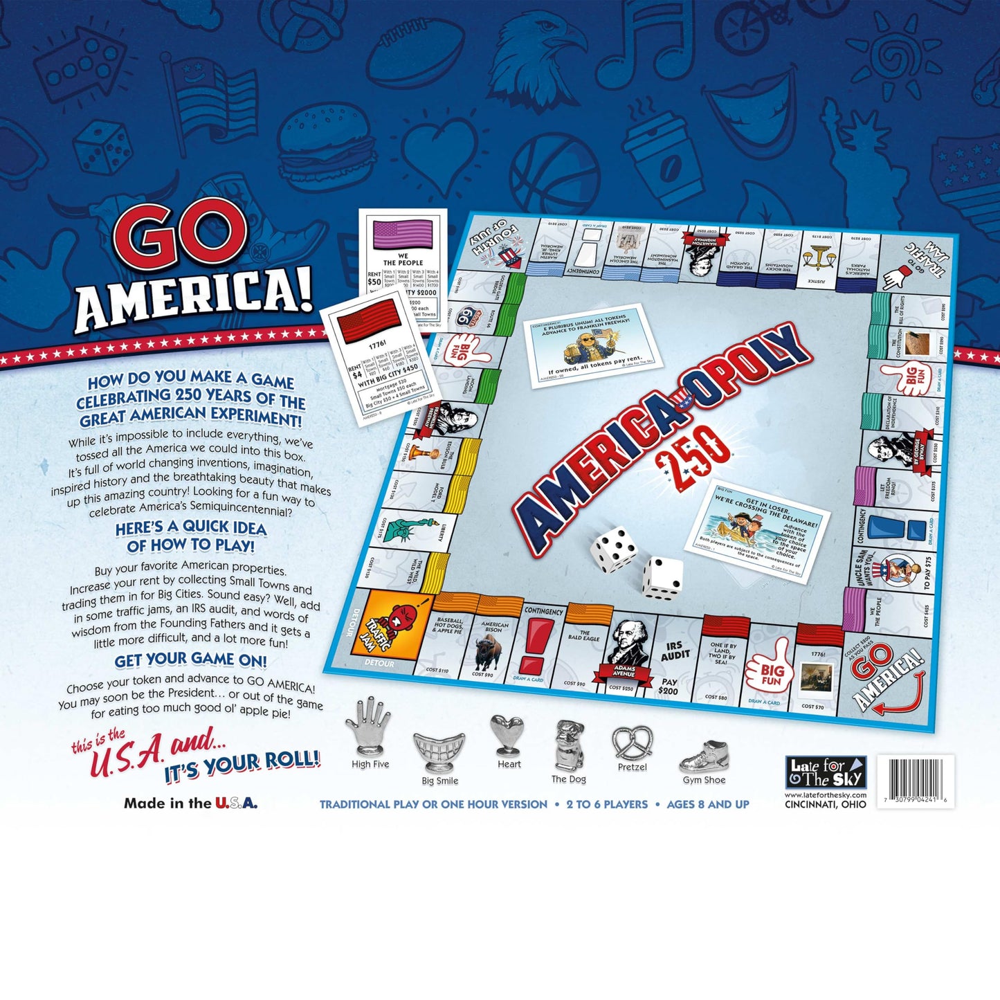 Late for the Sky America-Opoly 250th Board Game for Families, 2-6 Players, Ages 8+, Celebrating the Great American Semiquincentennial!