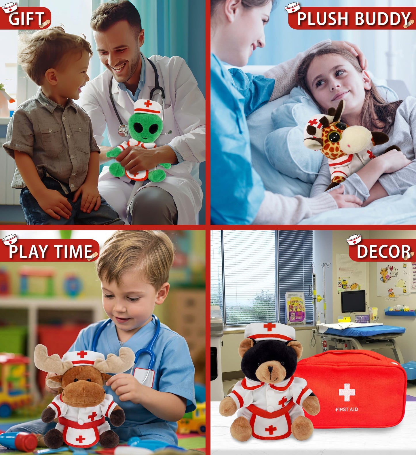 DolliBu Nurse Stuffed Animal Dress Up Set - Red Hospital Outfit with Cap and Nurse Dress Costume - Pretend Play Accessories for Teddy Bears - Small