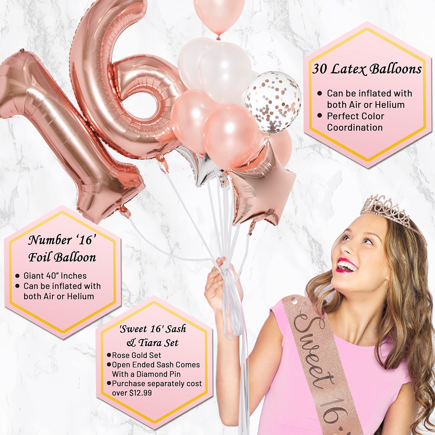 PartyHooman Sweet 16 Birthday Decorations Rose Gold With Sweet 16 Sash and Tiara Set, 2Pcs Backdrop, 25Pcs Pre-assembled Photo Booth Props, Balloons