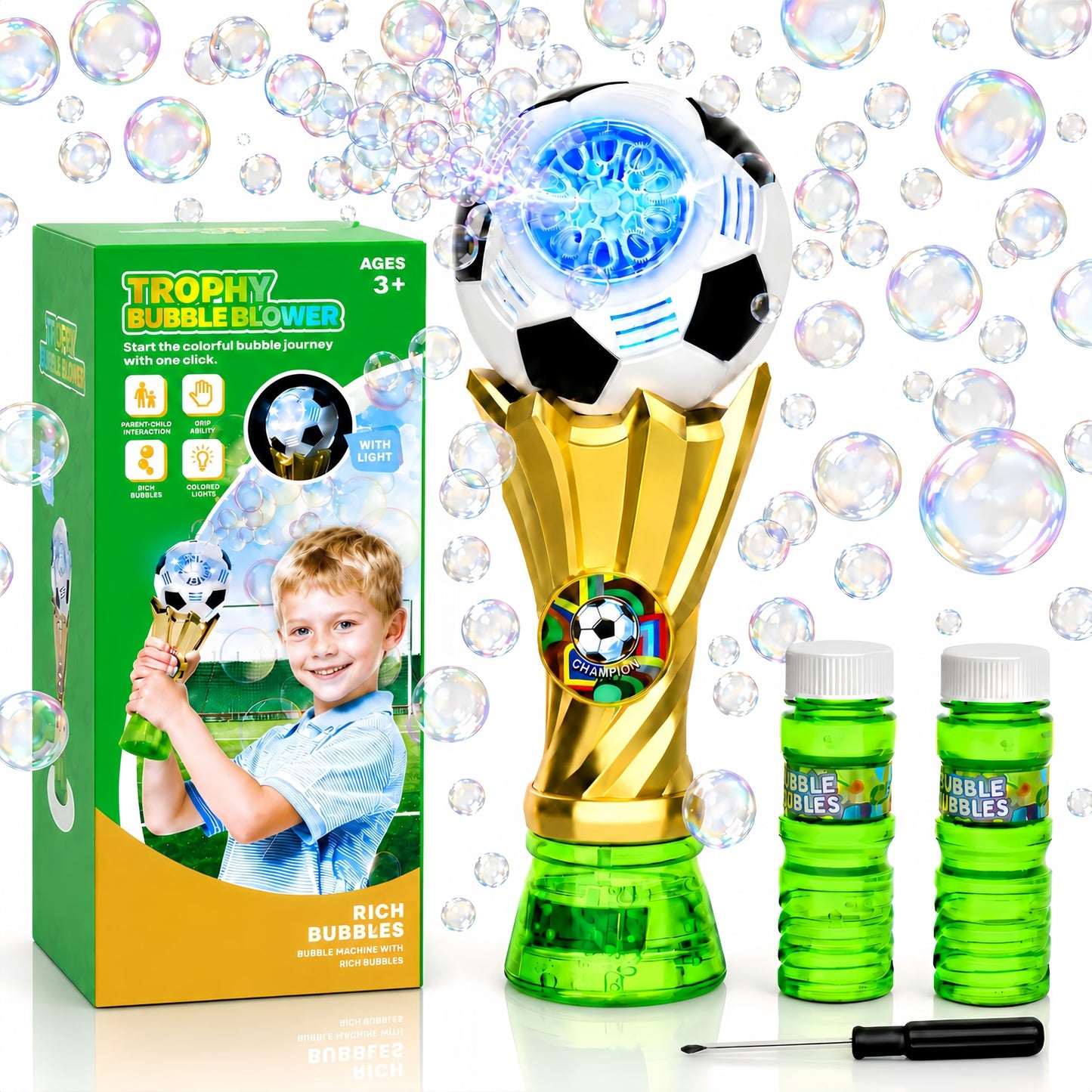 Bubble Wands for Kids - Light up Bubble Wands with 2 Solutions, Outdoor Toys for Kids Ages 3-5 4-8, Soccer Toys for Boys, Birthday Party Gift for 3 4