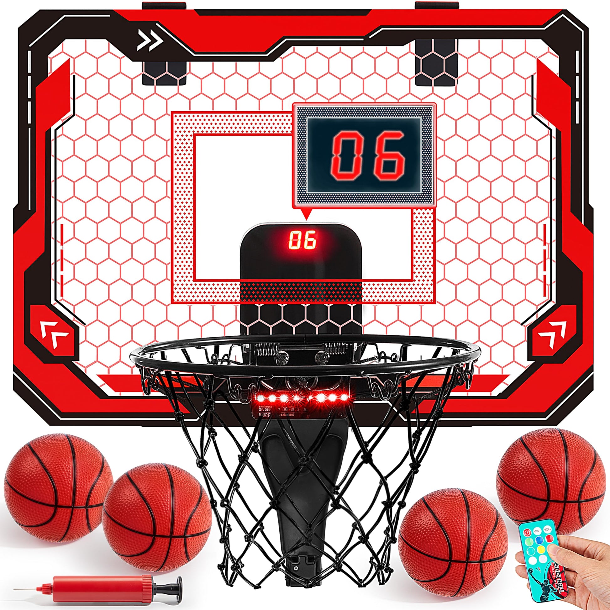SYNCFUN Mini Basketball Hoop Over The Door, LED Indoor Basketball Hoop for Kids with Scoreboard & 4 Balls, Basket Ball Game Toys Gifts for Boys Ages 3