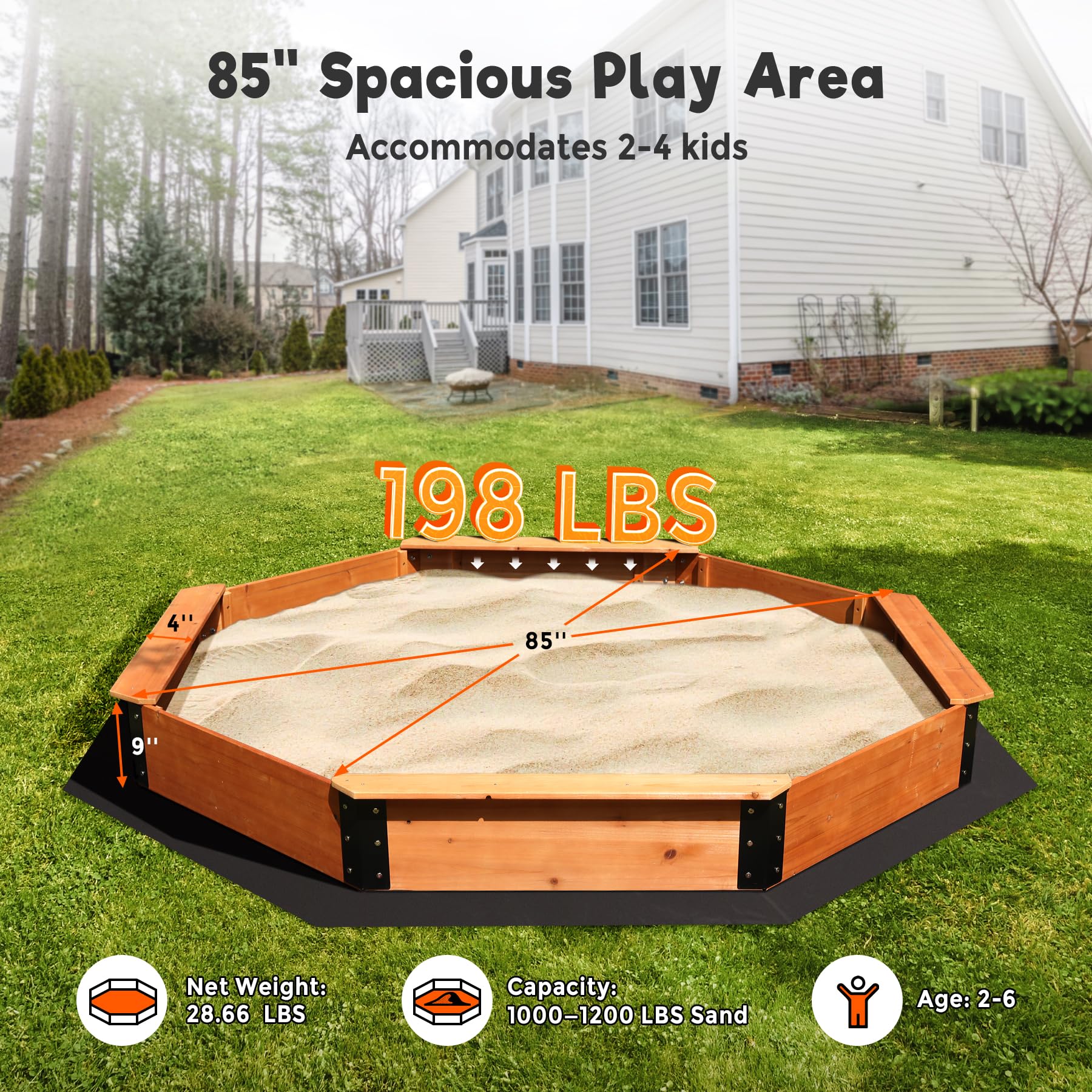 FUNTOK 85''x85''x9'' Octagon Sandbox for Kids, Large Natural Wooden Sandpit with 4 Benches, Bottom Liner, PVC Cover, 198 Lbs Weight Capacity, Sand Box