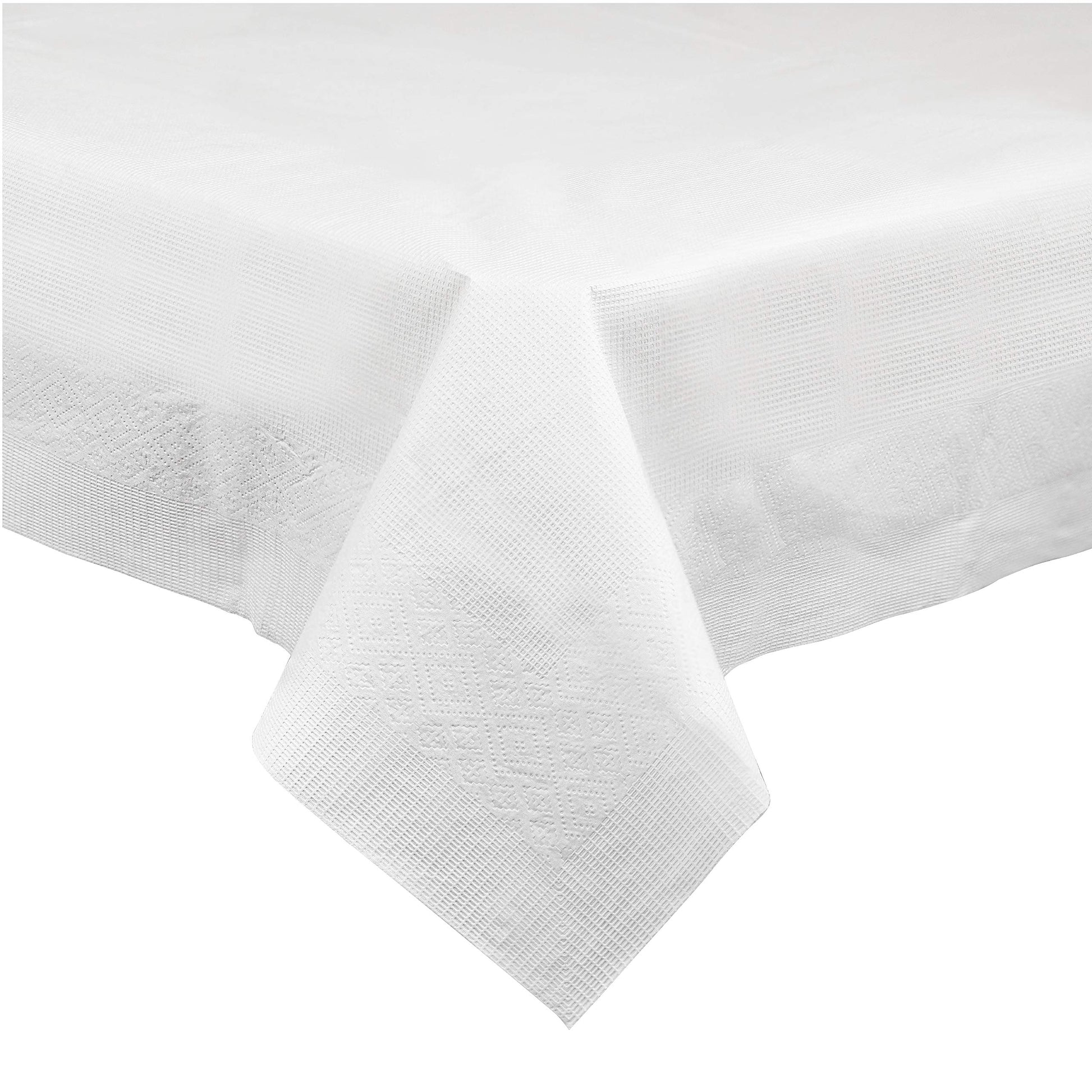 PLASTICPRO Disposable 3 Ply Paper & Plastic Tablecloth Absorbent, Waterproof, White Table Cover for Rectangle Tables fits 6-8 Foot Tables Size: 54'' X