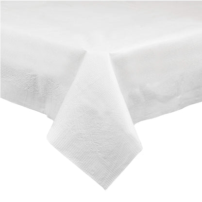 PLASTICPRO Disposable 3 Ply Paper & Plastic Tablecloth Absorbent, Waterproof, White Table Cover for Rectangle Tables fits 6-8 Foot Tables Size: 54'' X