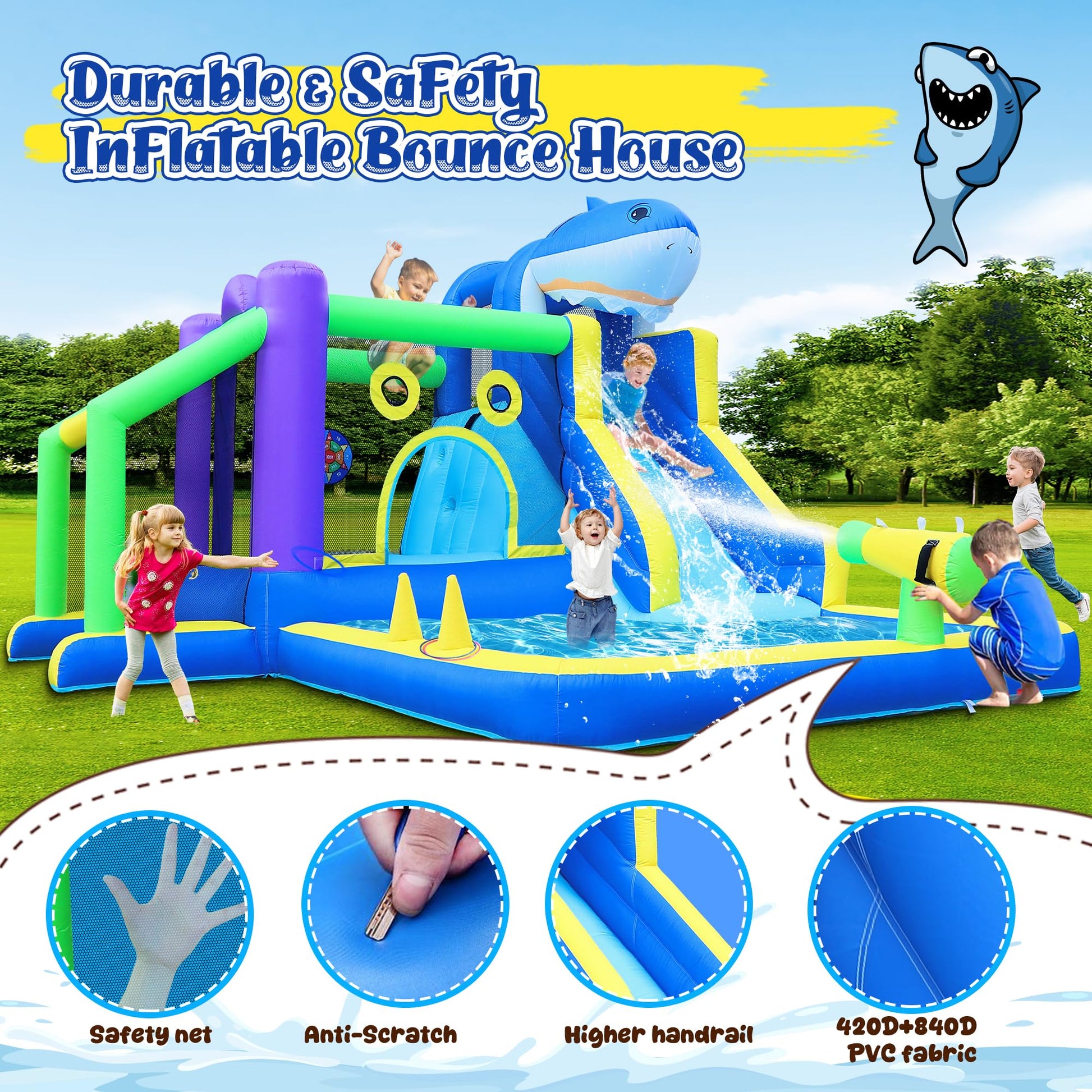 Leistooyfan 10-in-1 Shark Inflatable Bounce House for Kids with 450W Blower