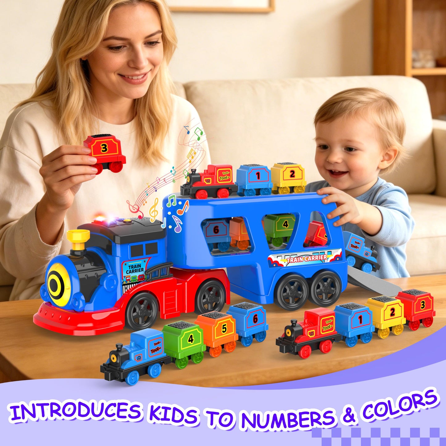 Number Train Set for Kids, Include 1 Transport Trucks, 8 Magnetic Trains