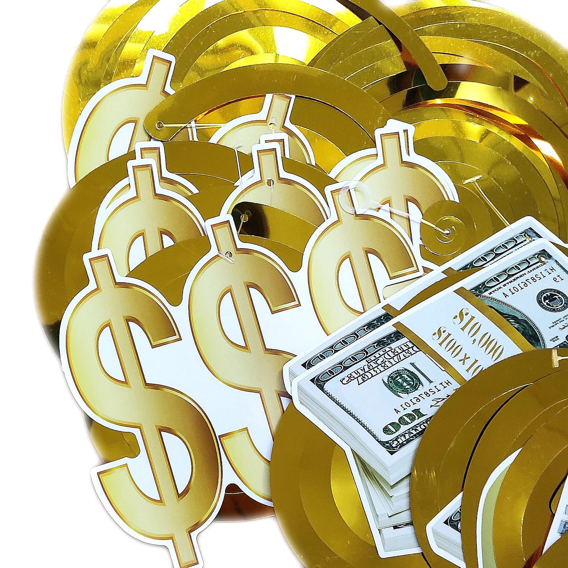 YiiiGoood Gold Money Theme Hanging Decoration Dollar Bill Signs Hanging Swirls Money Bag Currency Symbol for Birthdays Casino Weddings Bachelorette