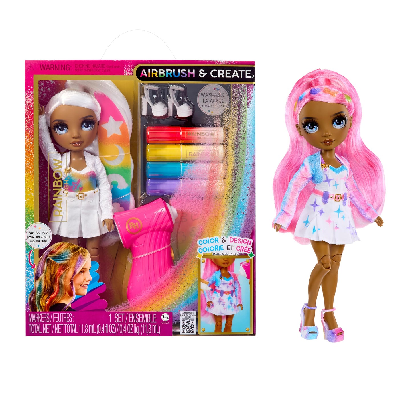 Rainbow High Air Brush & Create DIY Fashion Doll with Airbrush Marker Kit, Washable Rainbow Markers, Long Hair, Grey Eyes, Color, Create, Play, Rinse