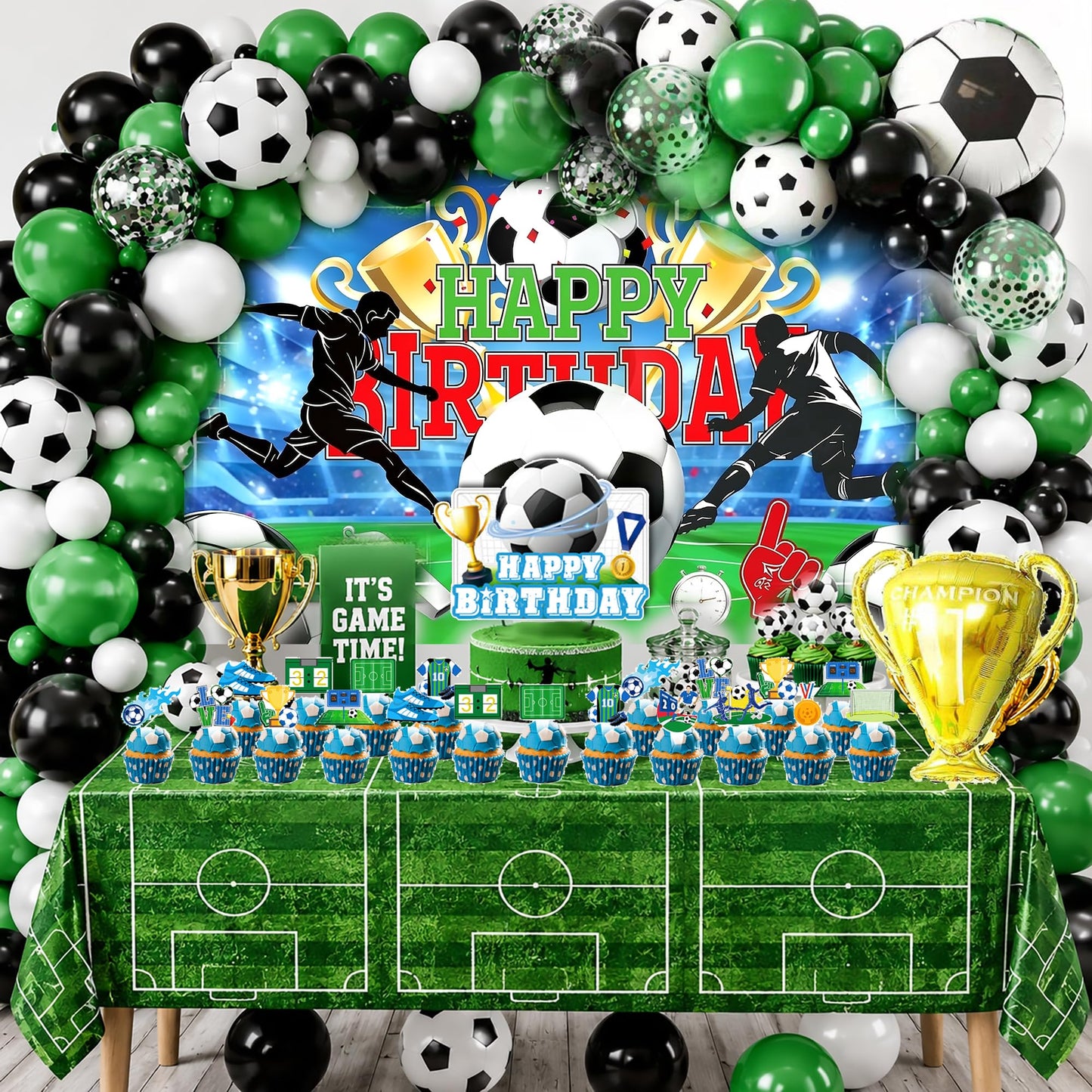 128Pcs Soccer Birthday Party Decorations Set - Football Theme Party Supplies with Backdrop, Balloon Arch Kit, Banner, Cake Topper & Tablecloth