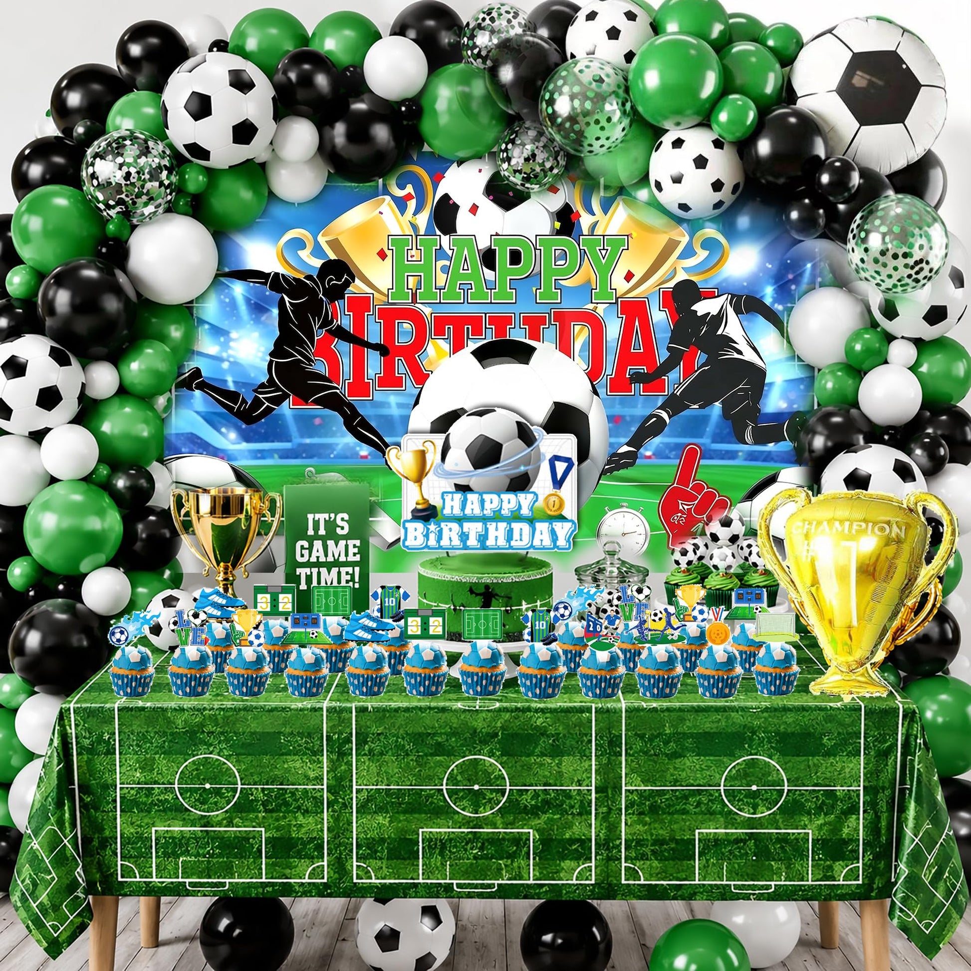 128Pcs Soccer Birthday Party Decorations Set - Football Theme Party Supplies with Backdrop, Balloon Arch Kit, Banner, Cake Topper & Tablecloth