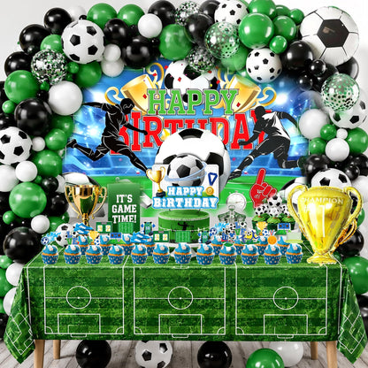 128Pcs Soccer Birthday Party Decorations Set - Football Theme Party Supplies with Backdrop, Balloon Arch Kit, Banner, Cake Topper & Tablecloth