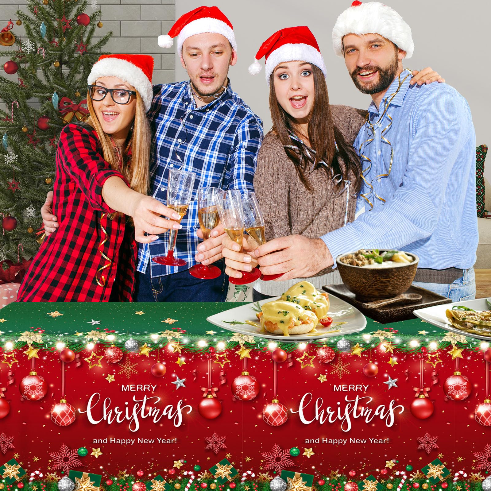 Christmas Plastic Tablecloth, 3Pcs Red and Green Merry Christmas Table Cover, Xmas Tree Tablecloth for Winter Holiday Christmas Party Supplies