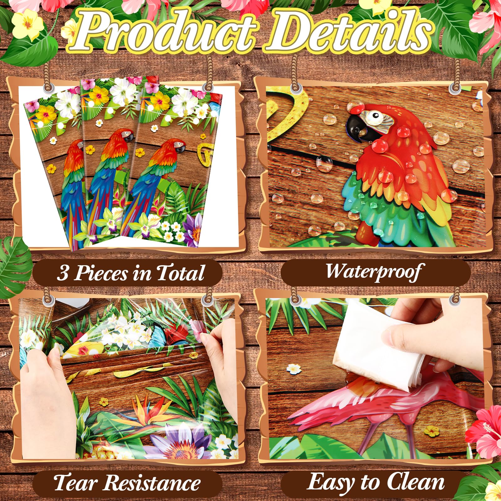 Tatuo 3 Pcs Hawaiian Tablecloths Tropical Luau Tiki Table Covers Summer Party Decoration Palm Leaves Plastic Rectangular Aloha Flower Tablecloth
