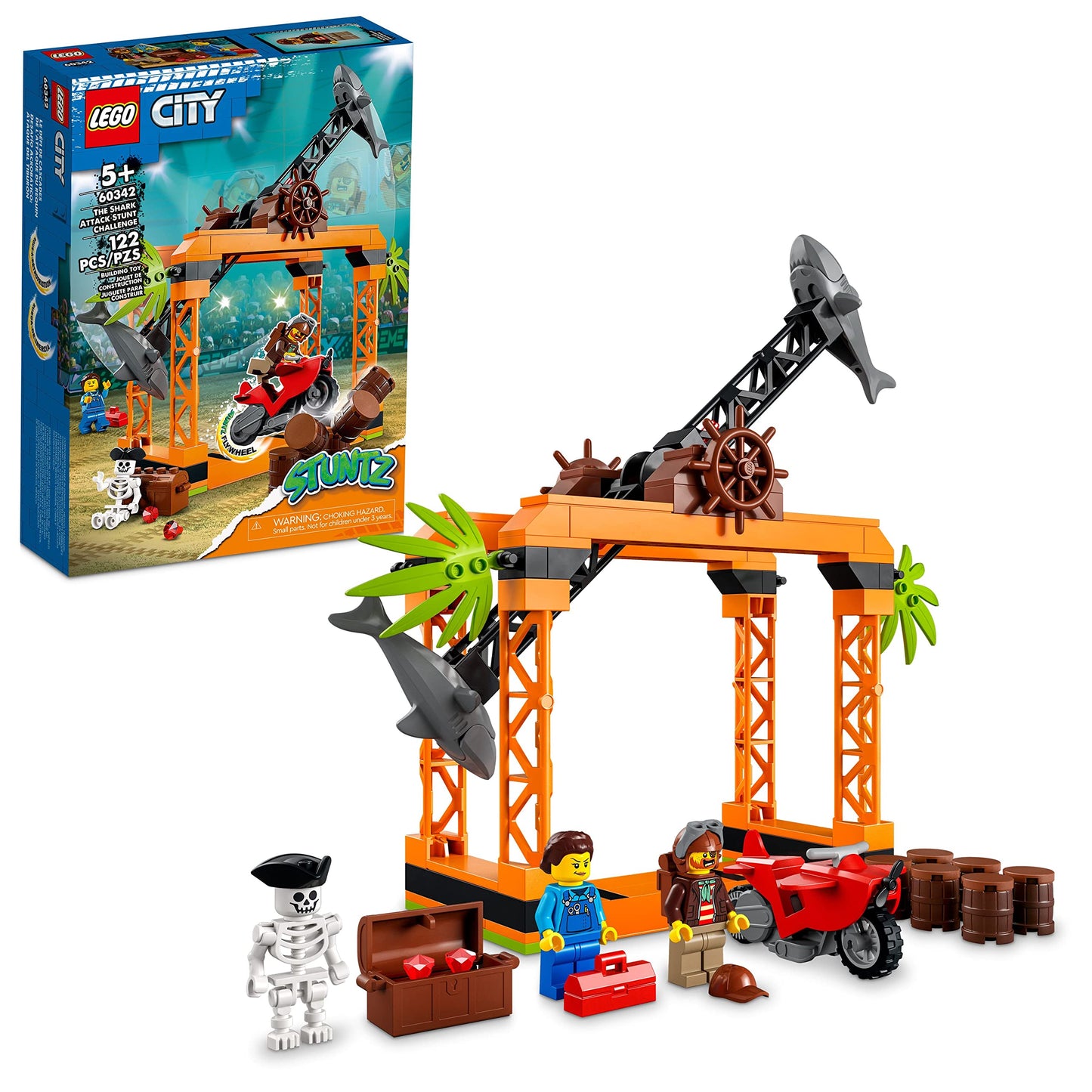 LEGO City Stuntz The Shark Attack Stunt Challenge Adventure Series Toy with Flywheel Powered Stunt Bike & Racer Minifigure, Toys for Kids Years Old