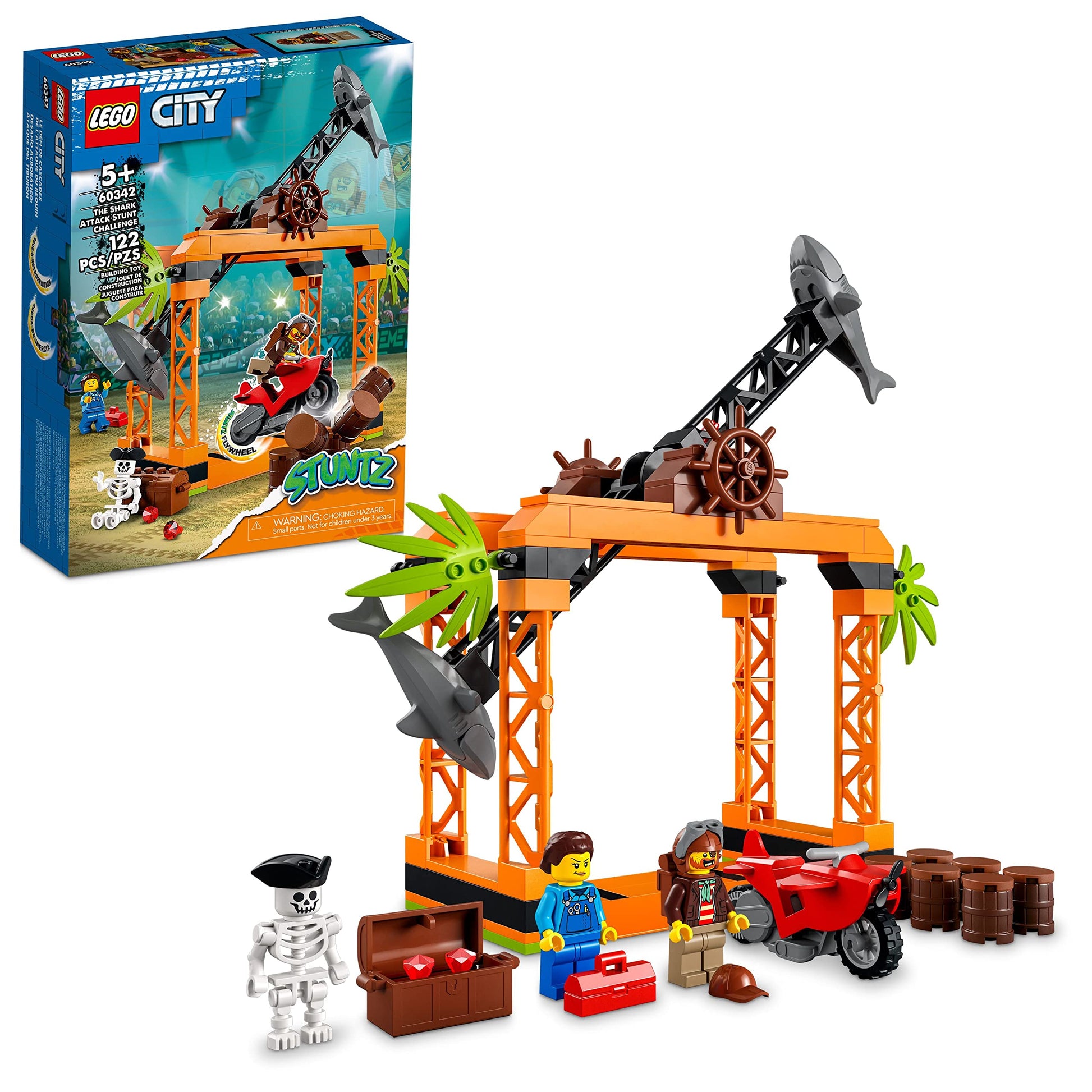 LEGO City Stuntz The Shark Attack Stunt Challenge Adventure Series Toy with Flywheel Powered Stunt Bike & Racer Minifigure, Toys for Kids Years Old