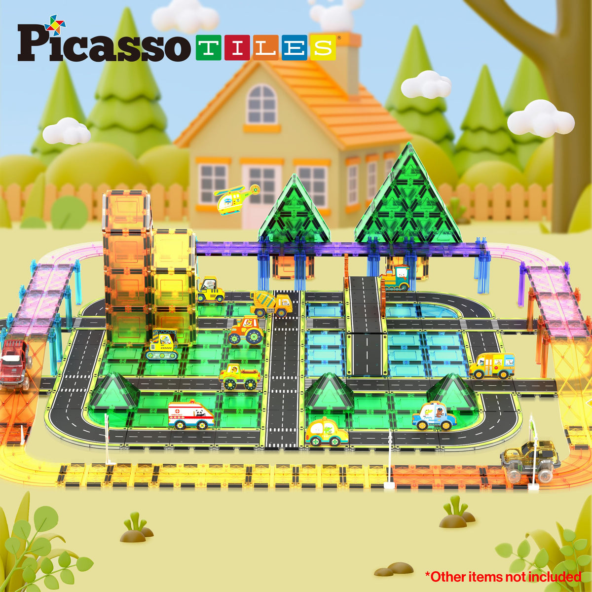 PicassoTiles Magnetic Building Tiles Car Track Magnet Vehicle Adventure Theme Printed Street Road Runway Speedway Highway Block Construction Expansion