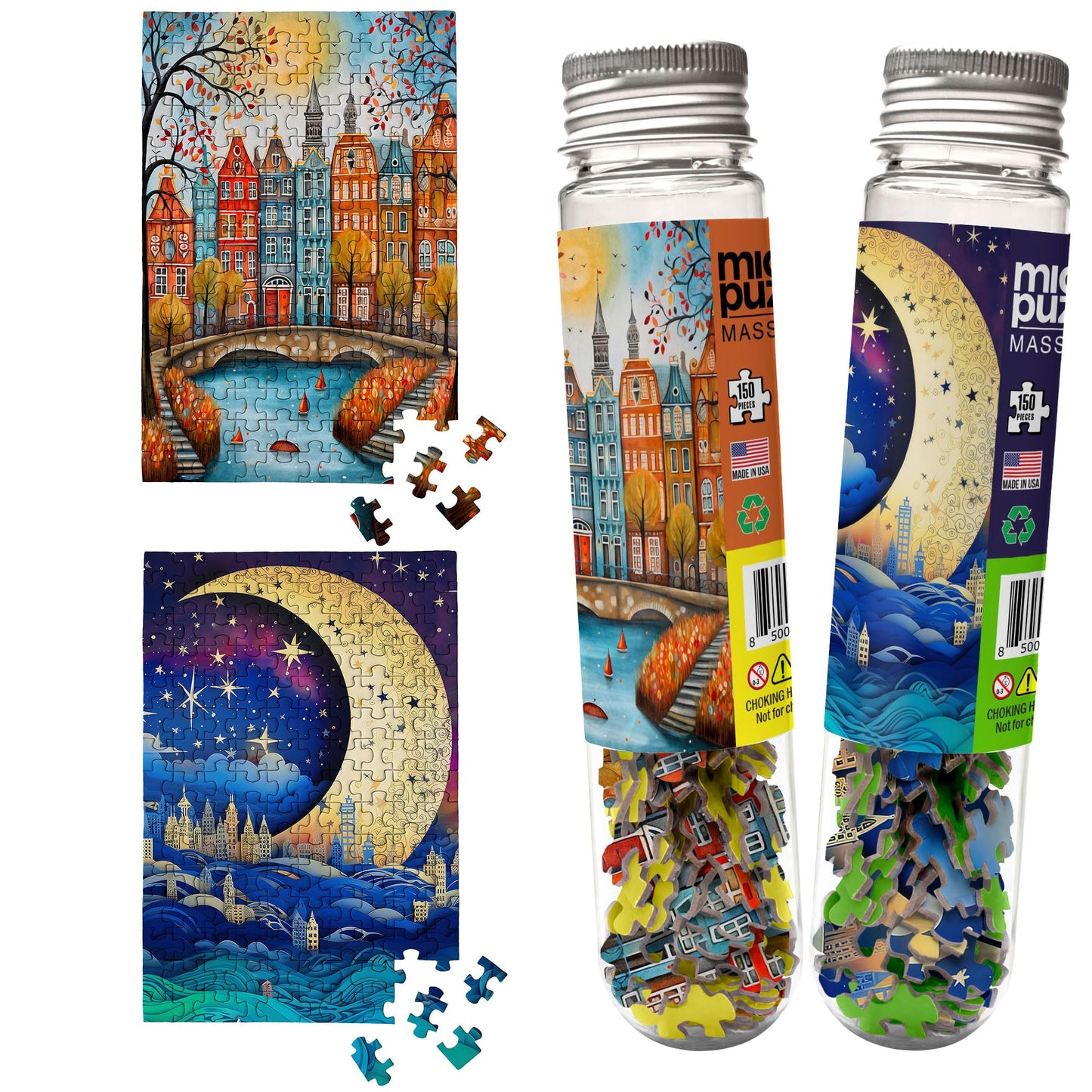 MicroPuzzles “City & Moon Scape” Mini Jigsaw Puzzle 2-Pack - 150-Piece Night-Skyline Travel 4×6 in Puzzle Gift | Made in USA | Small Business