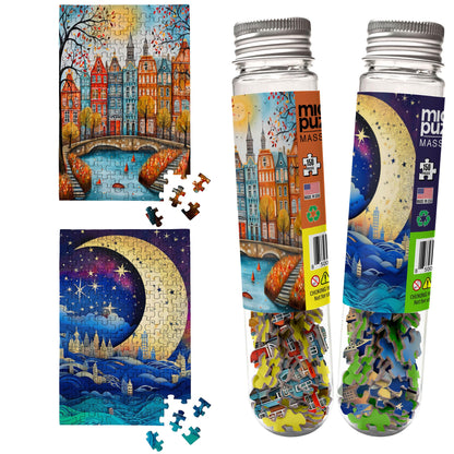 MicroPuzzles “City & Moon Scape” Mini Jigsaw Puzzle 2-Pack - 150-Piece Night-Skyline Travel 4×6 in Puzzle Gift | Made in USA | Small Business