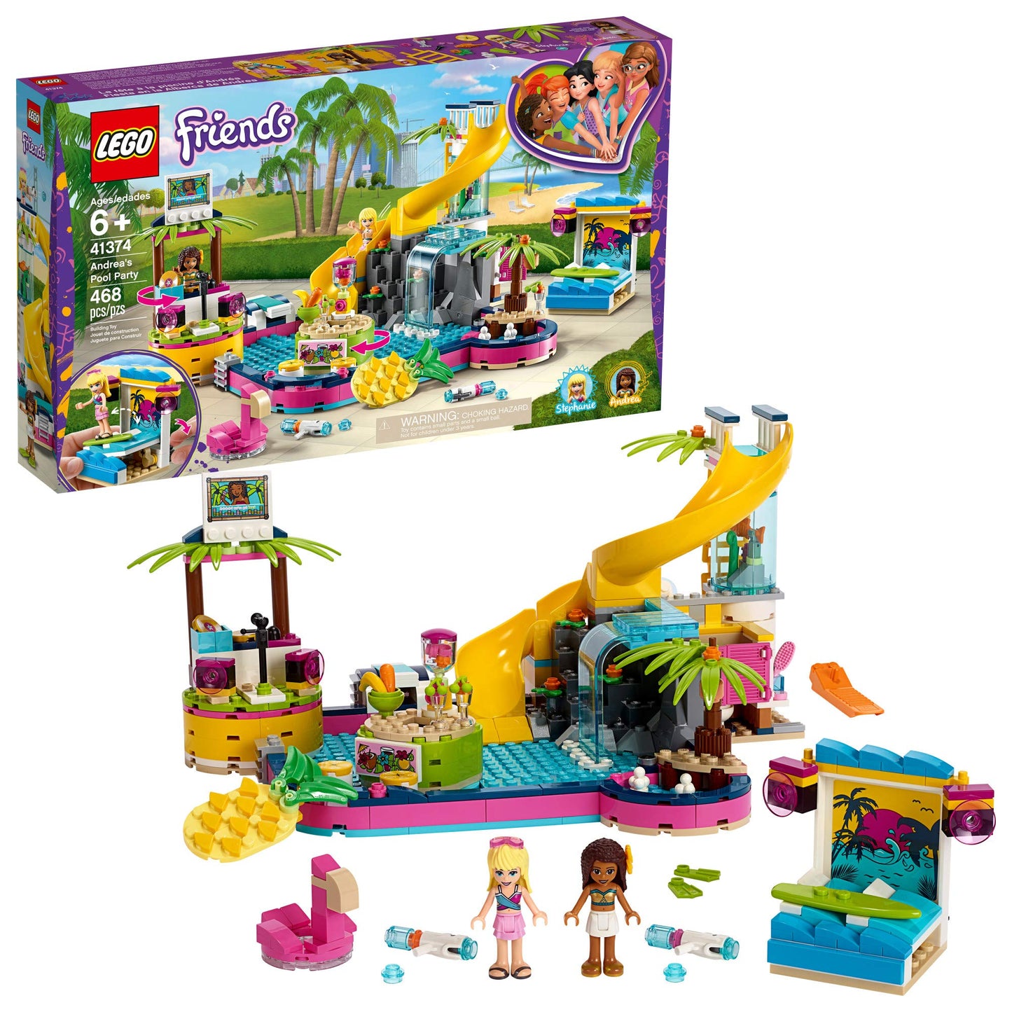 LEGO Friends Andrea's Pool Party 41374 Toy Pool Building Set with Andrea and Stephanie Mini Dolls for Pretend Play, Includes Toy Juice Bar and Wave