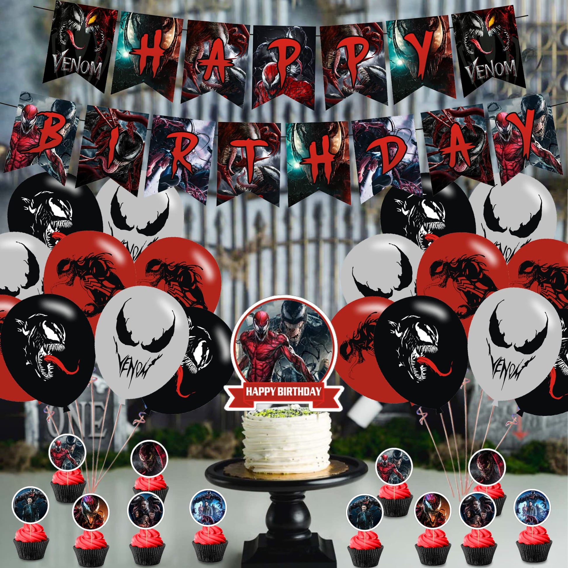 DZZK Venom 2 Party Decorations, Venom 2 Birthday Party Supplies - Includes Banner, Cake Toppers, Cupcake Toppers, Balloons, Stickers - Red, Cartoon