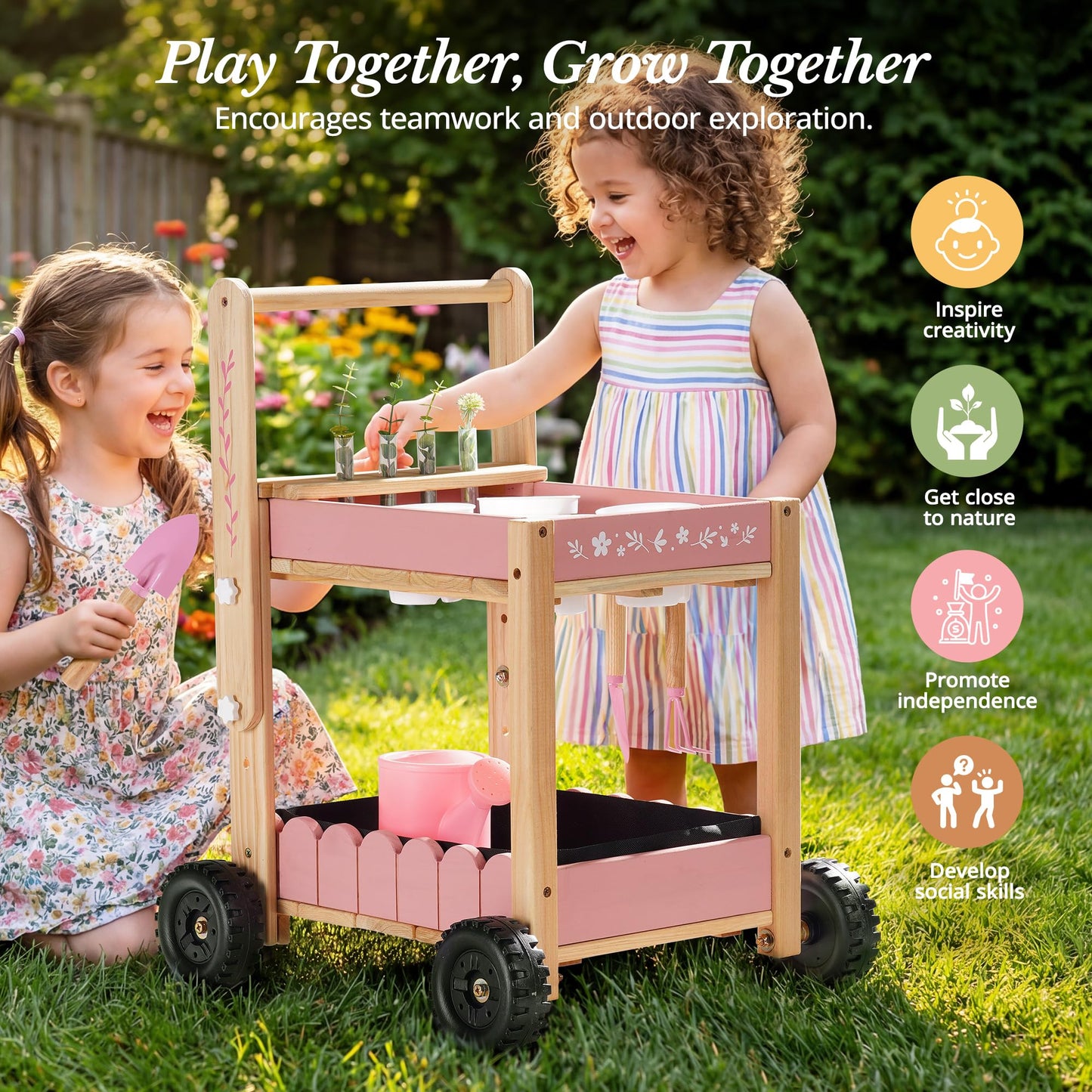 ROBOTIME Kids Gardening Tools with Cart Wheelbarrow - Wooden Outdoor Garden Toys Set with Watering Can, Shovel, Hand Rake & Plant Labels, Outdoor
