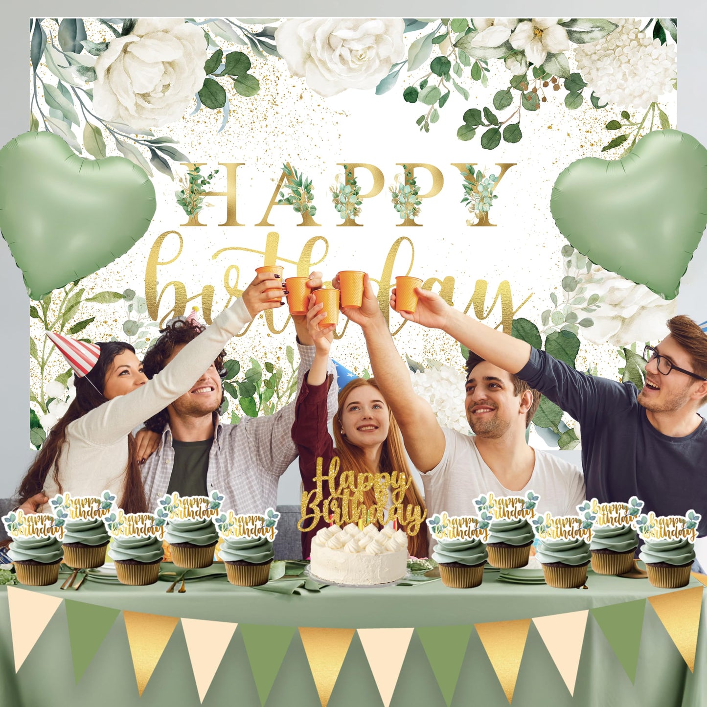 Happy Birthday Decorations For Women Men,Birthday Backdrop,Banner Balloons,Table Cloth,Paper pom poms Party Supplies for Girls Boys (Sage Green)
