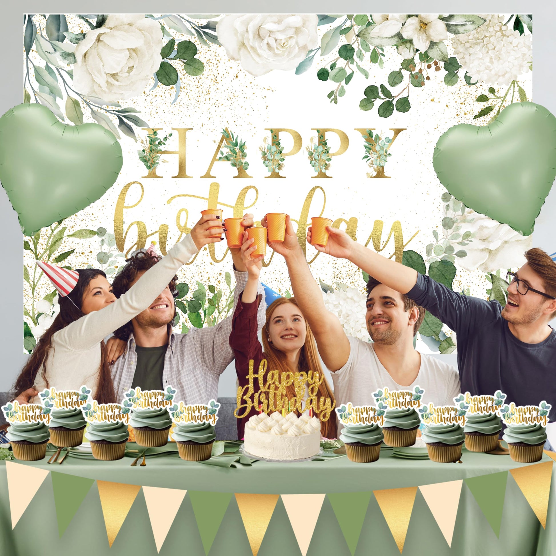 Happy Birthday Decorations For Women Men,Birthday Backdrop,Banner Balloons,Table Cloth,Paper pom poms Party Supplies for Girls Boys (Sage Green)