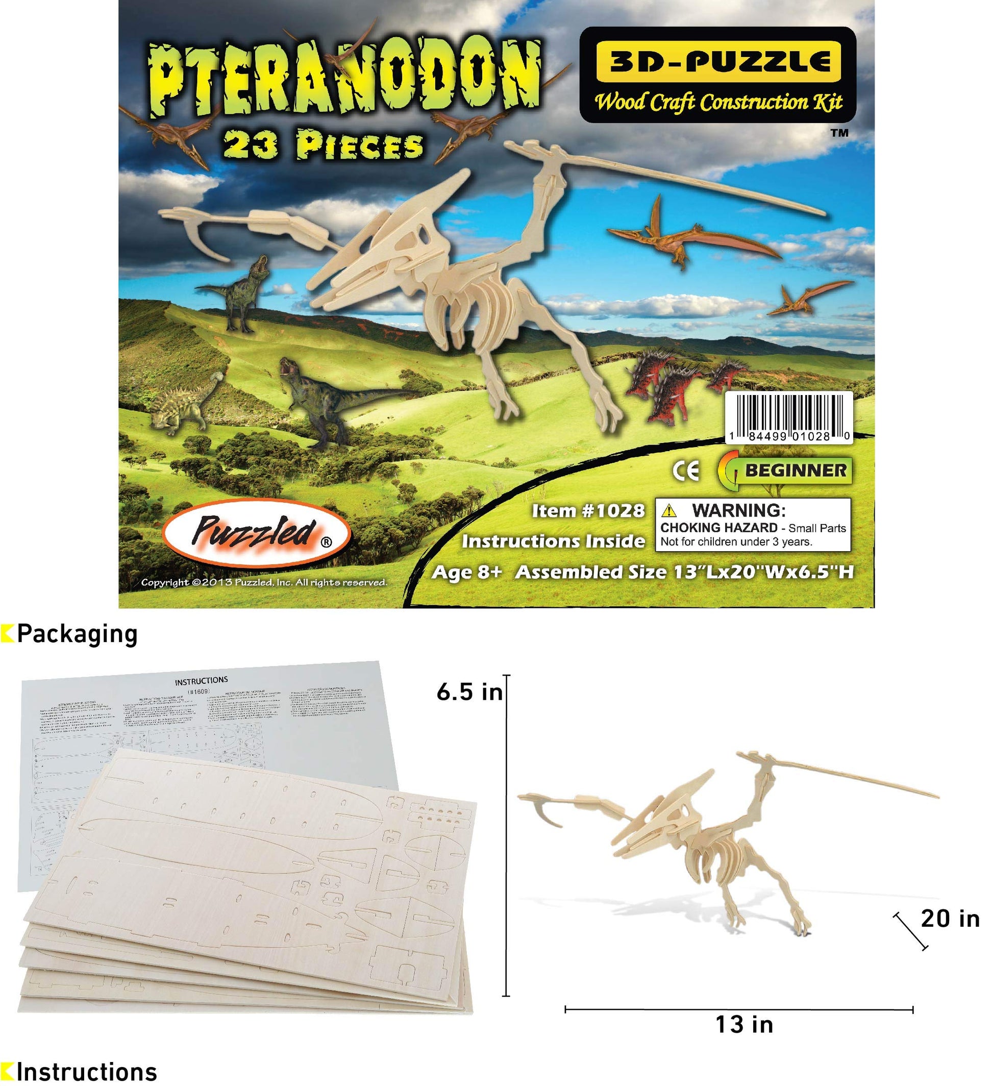 Puzzled Pteranodon 3D Woodcraft Jigsaw Construction Puzzle Kit - Wooden Flying Dinosaur Skeleton Model 23 Pieces Precut Woods - Awesome Brain Teasing