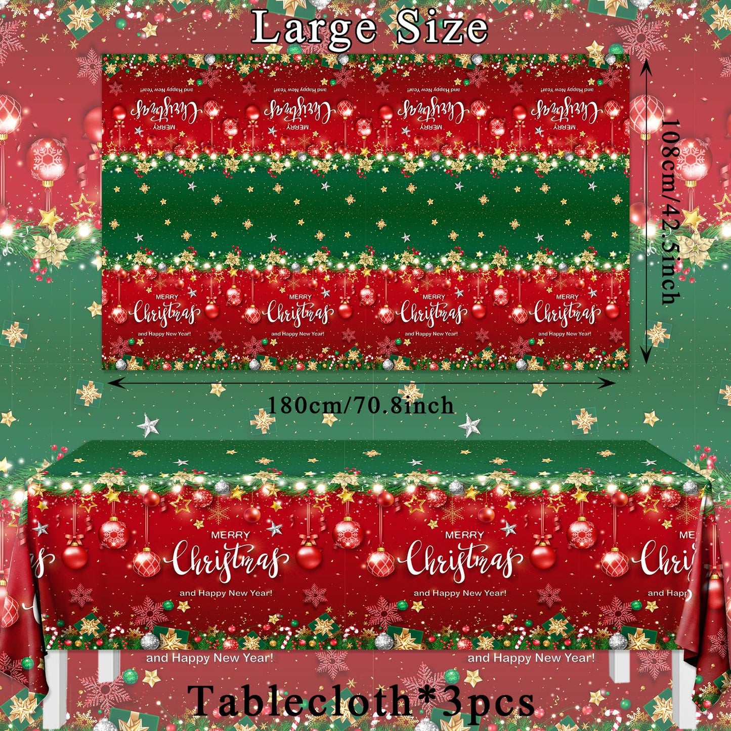 Christmas Plastic Tablecloth, 3Pcs Red and Green Merry Christmas Table Cover, Xmas Tree Tablecloth for Winter Holiday Christmas Party Supplies