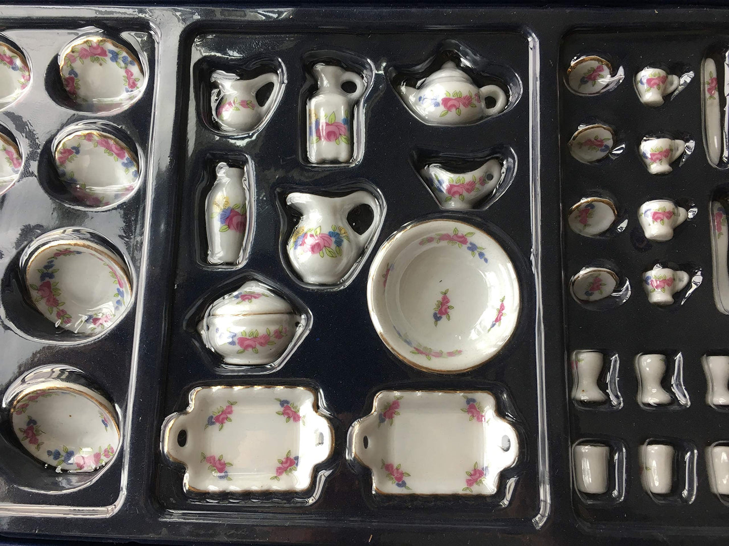 1/12 Scale Lot 42 Dollhouse Miniatures Chinese Peony Flower Porcelain Set; Doll House Soup Tureens Bowls vases Set