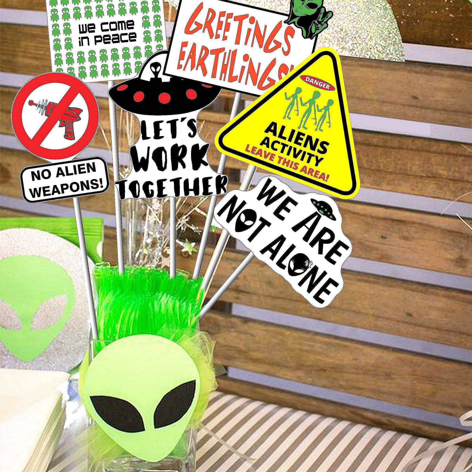 24pcs(6 styles) Alien Theme Table Centerpiece Sticks Decorations UFO Alien Table Toppers Decorations We Are Not Alone for Birthdays Party Supplies