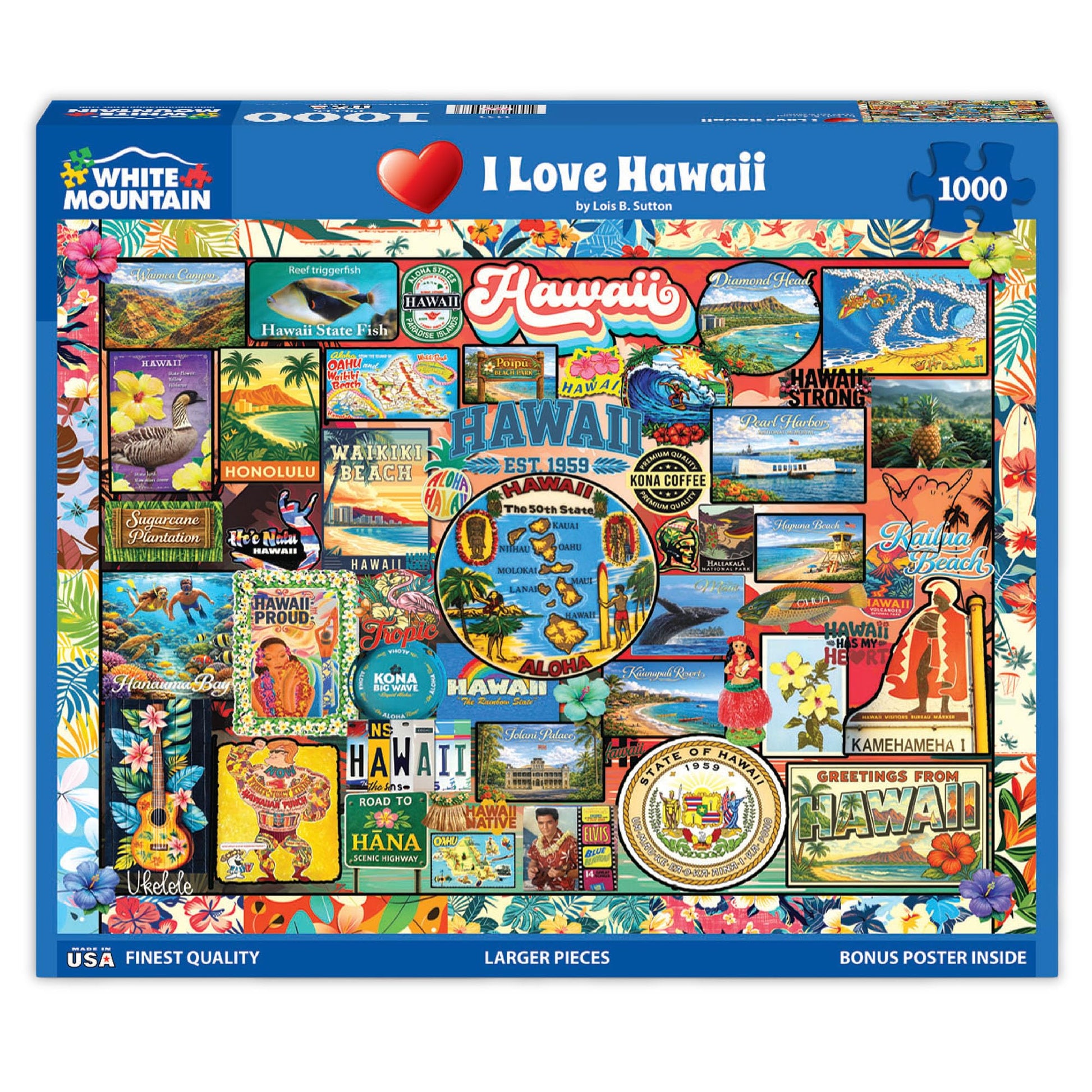 White Mountain 1000 Piece Jigsaw Puzzle Aloha State Collage, I Love Hawaii
